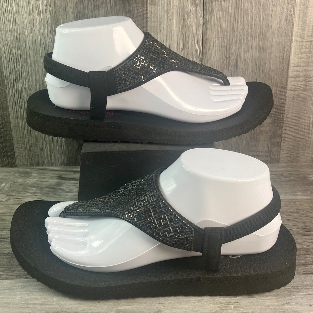 Skechers Cali Yoga Foam Black Rhinestone Slingback Wedge Sandals 119293 Womens 9